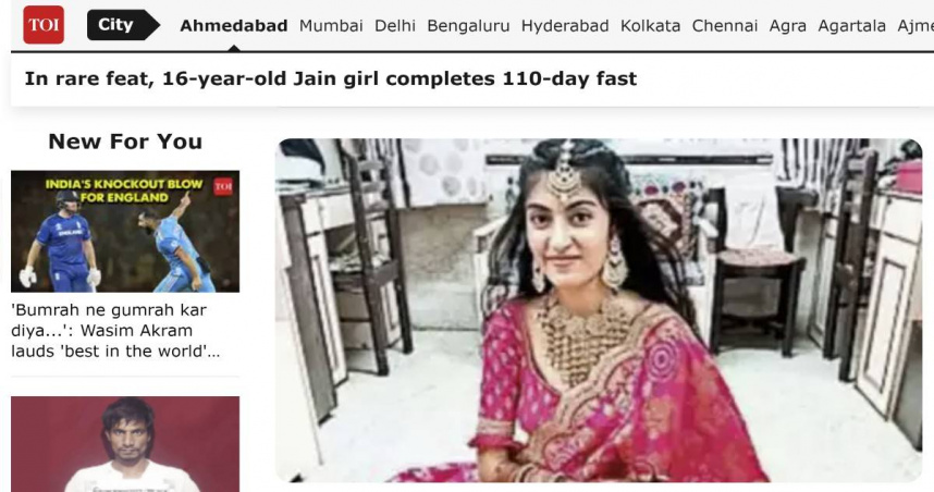 印度16歲少女克里沙完成了110天的禁食壯舉，令家人及師父感到驚訝。（圖／翻攝自《印度時報》）
