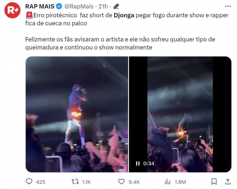 巴西歌手表演時被舞台的火柱射中，下半身起火。（圖／翻攝自推特） 
