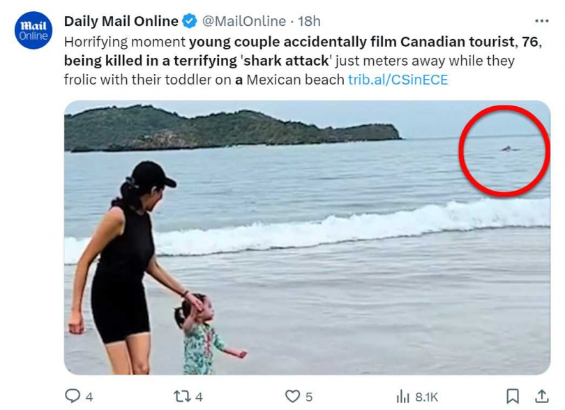 墨西哥度假海灘一對母女戲水，卻意外拍到男子在水中掙扎的最後身影。（圖／翻攝自推特）