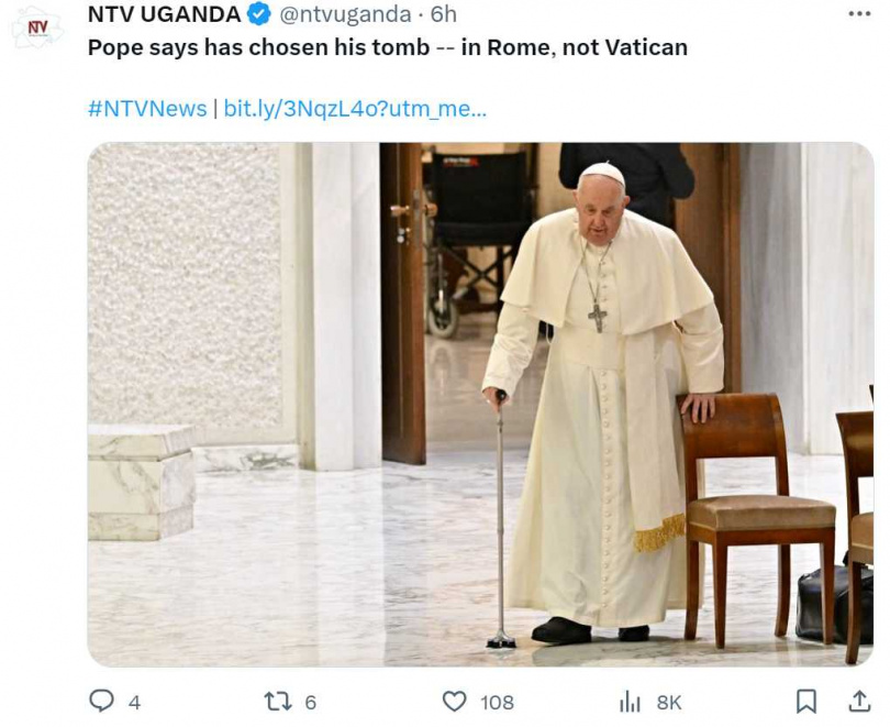 教宗方濟各可能成為百餘年來首位不葬在梵蒂岡的教宗。（圖／翻攝自推特）