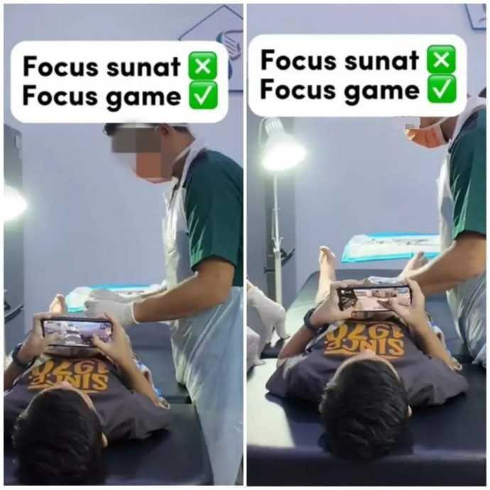 馬來西亞一名男孩進行割包皮手術時，藉由玩手機遊戲轉移注意力。（圖／翻攝自抖音@klinikserianggun）