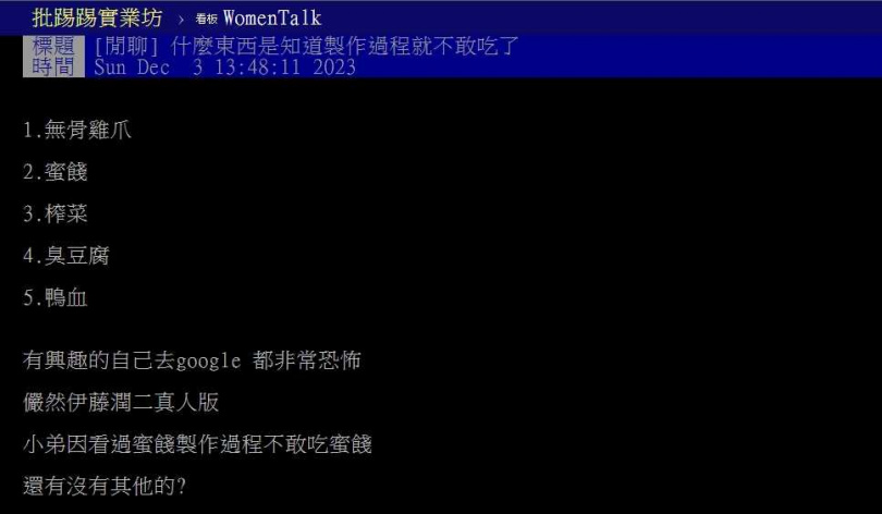 原PO在PTT發文詢問「什麼東西是知道製作過程就不敢吃了？」引起熱議。（圖／翻攝自PTT）