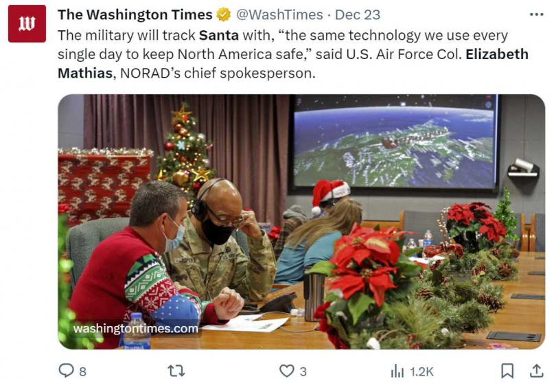 北美航太防衛司令部每年平安夜都會追蹤聖誕老人全球送禮之旅。（圖／翻攝自推特）