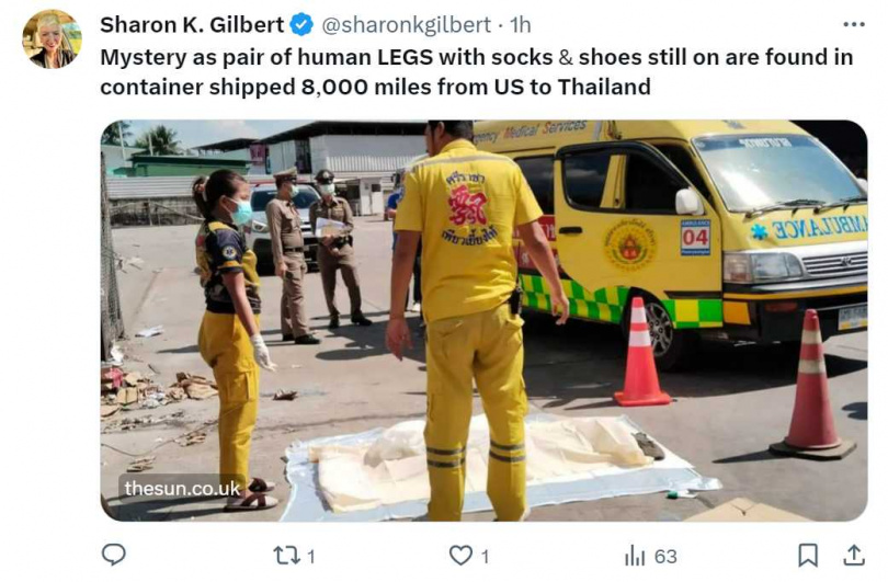 泰國一間回收公司在來自美國的貨櫃裡發現人類腿骨。（圖／翻攝自推特） 