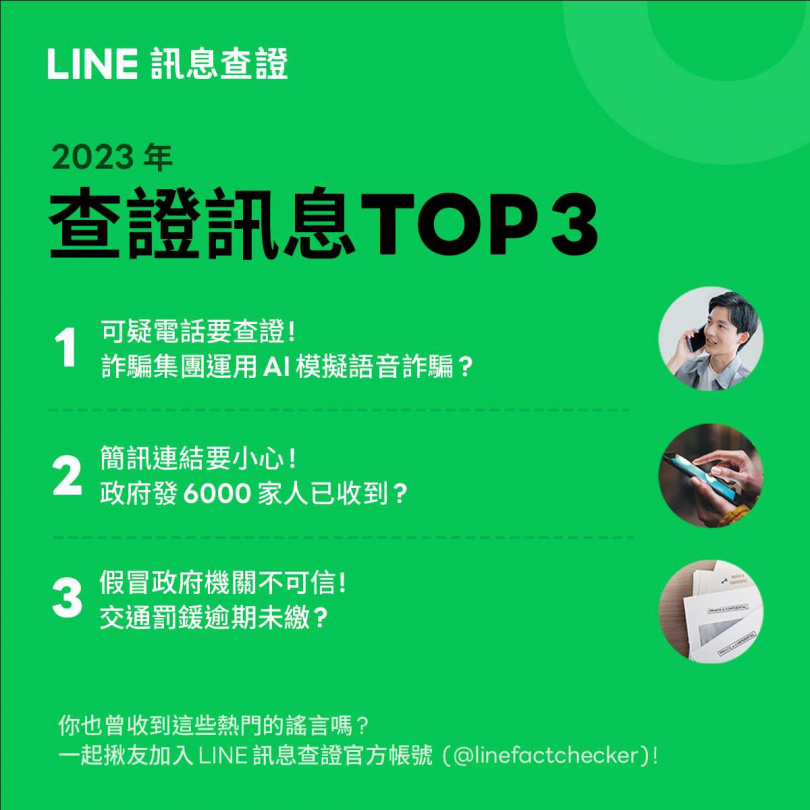 LINE日前公布2023年錯假訊息排行榜，冠軍為「AI模擬語音詐騙」。（圖／翻攝自LINE）