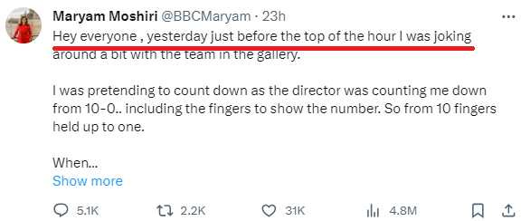 瑪麗亞姆7日也在社群平台發文道歉，表示當時她是在用手指隨導播倒數，但數到1時刻意用中指來跟製播團隊開玩笑。（圖／翻攝自推特）