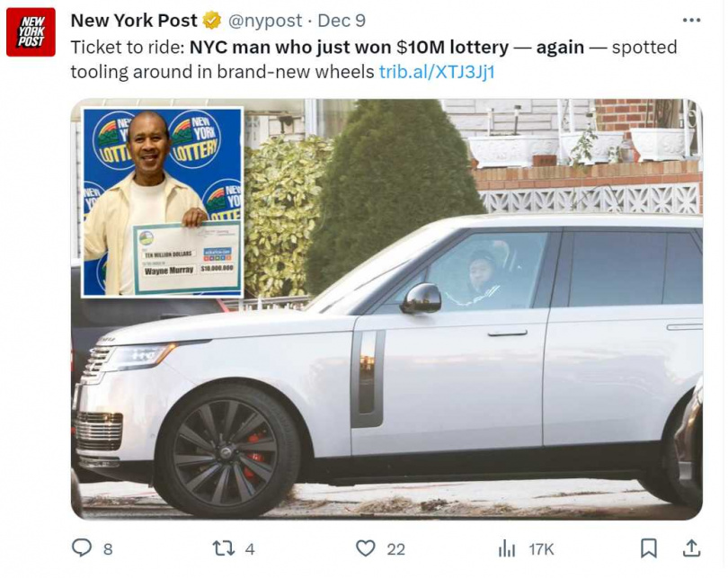 穆雷8日曾駕駛市價至少約657萬元新台幣的最新款Range Rover SV，離開他在布魯克林住宅區的3層樓房子。（圖／翻攝自推特）